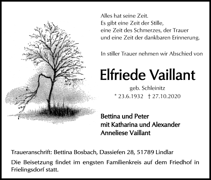  Traueranzeige für Elfriede Vaillant vom 31.10.2020 aus Kölner Stadt-Anzeiger / Kölnische Rundschau / Express