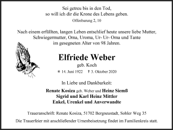 Anzeige von Elfriede Weber von  Anzeigen Echo 