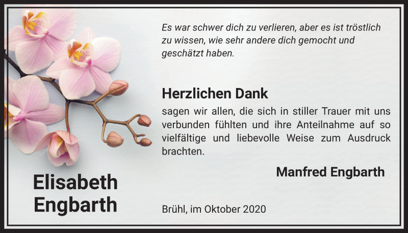  Traueranzeige für Elisabeth Engbarth vom 09.10.2020 aus  Schlossbote/Werbekurier 