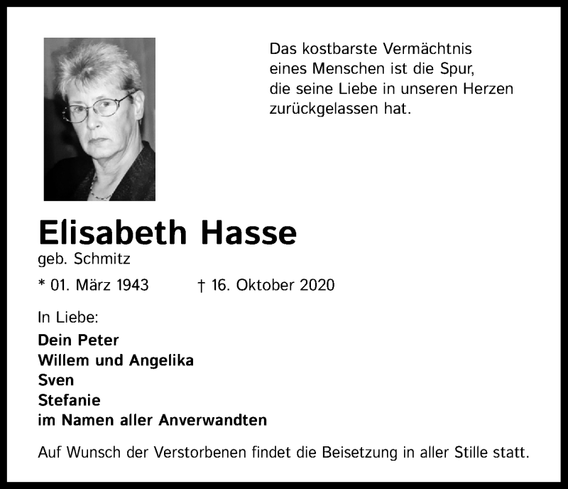  Traueranzeige für Elisabeth Hasse vom 24.10.2020 aus Kölner Stadt-Anzeiger / Kölnische Rundschau / Express