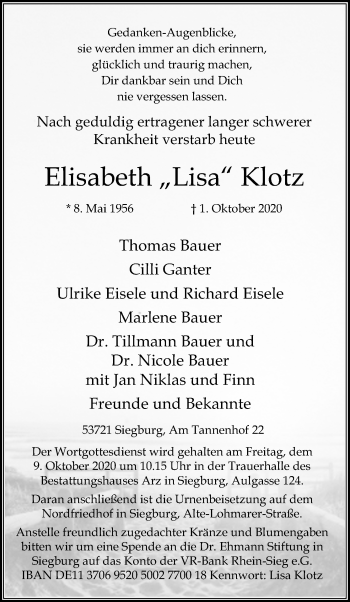 Anzeige von Elisabeth Klotz von Kölner Stadt-Anzeiger / Kölnische Rundschau / Express