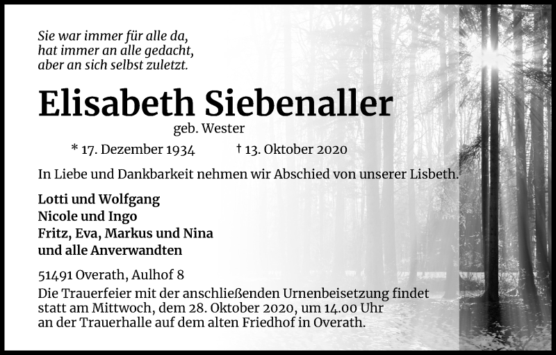  Traueranzeige für Elisabeth Siebenaller vom 17.10.2020 aus Kölner Stadt-Anzeiger / Kölnische Rundschau / Express