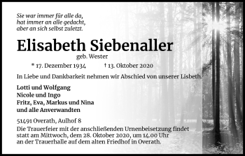 Anzeige von Elisabeth Siebenaller von Kölner Stadt-Anzeiger / Kölnische Rundschau / Express