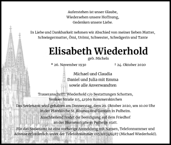 Anzeige von Elisabeth Wiederhold von Kölner Stadt-Anzeiger / Kölnische Rundschau / Express