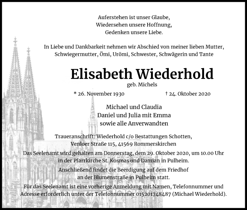  Traueranzeige für Elisabeth Wiederhold vom 27.10.2020 aus Kölner Stadt-Anzeiger / Kölnische Rundschau / Express