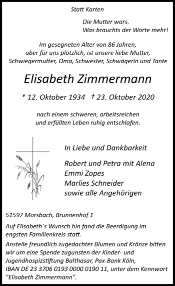 Anzeige von Elisabeth Zimmermann von  Lokalanzeiger 
