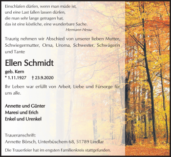 Anzeige von Ellen Schmidt von Kölner Stadt-Anzeiger / Kölnische Rundschau / Express
