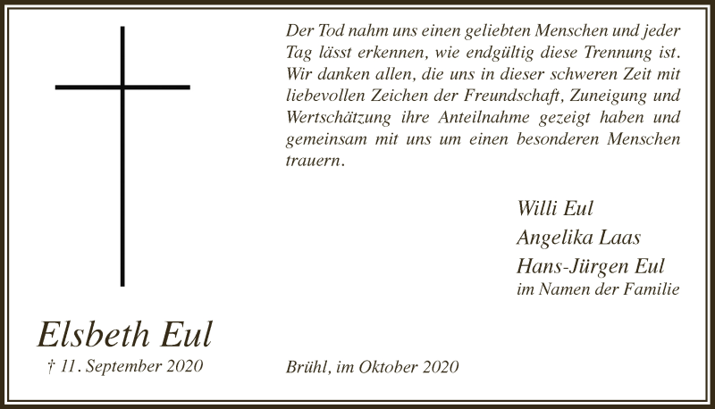  Traueranzeige für Elsbeth Eul vom 16.10.2020 aus  Schlossbote/Werbekurier 