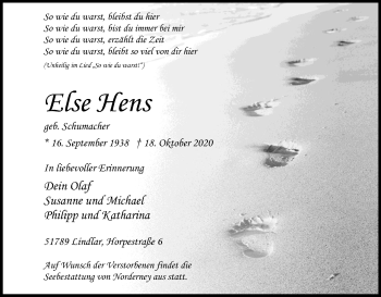 Anzeige von Else Hens von Kölner Stadt-Anzeiger / Kölnische Rundschau / Express