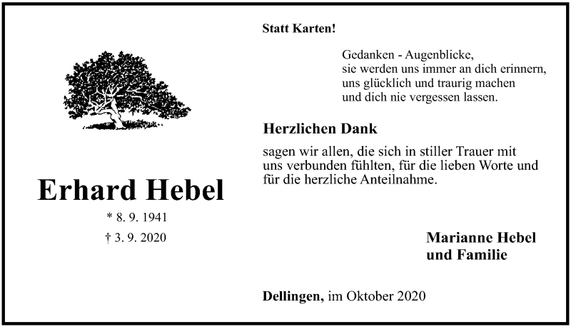  Traueranzeige für Erhard Hebel vom 23.10.2020 aus  Lokalanzeiger 