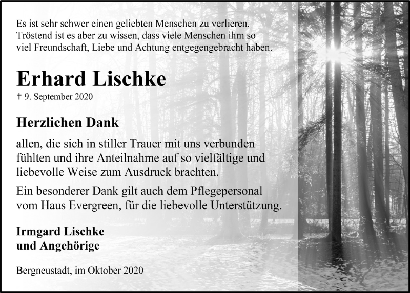  Traueranzeige für Erhard Lischke vom 30.10.2020 aus  Anzeigen Echo 