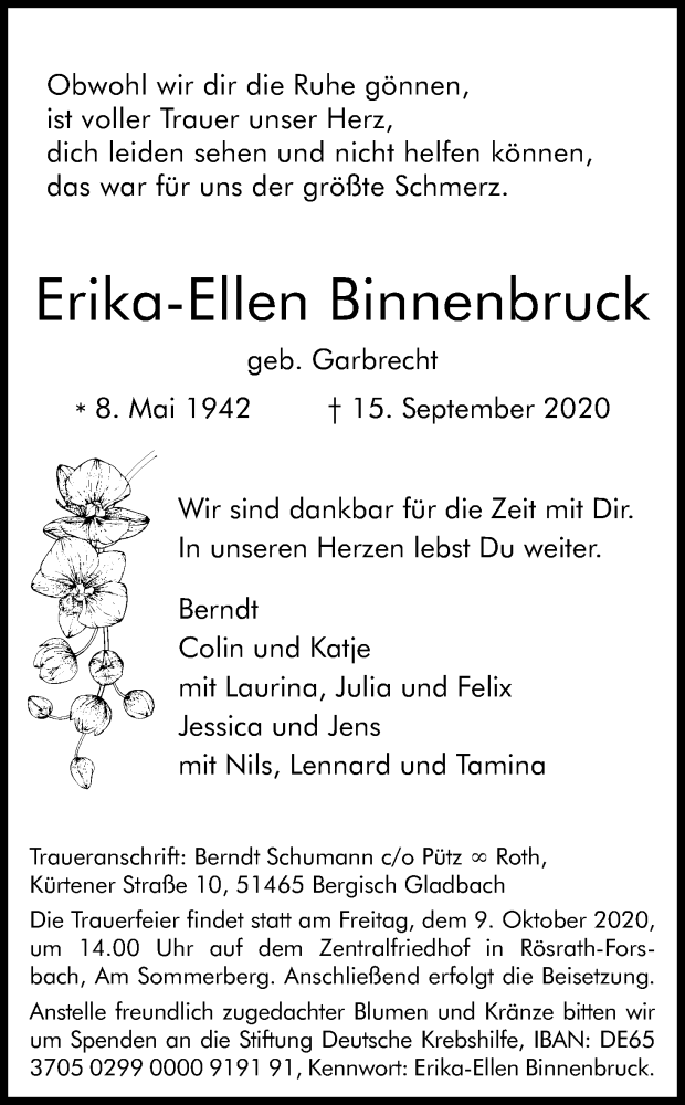  Traueranzeige für Erika-Ellen Binnenbruck vom 03.10.2020 aus Kölner Stadt-Anzeiger / Kölnische Rundschau / Express