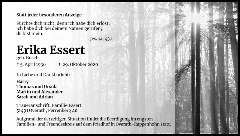  Traueranzeige für Erika Essert vom 31.10.2020 aus Kölner Stadt-Anzeiger / Kölnische Rundschau / Express