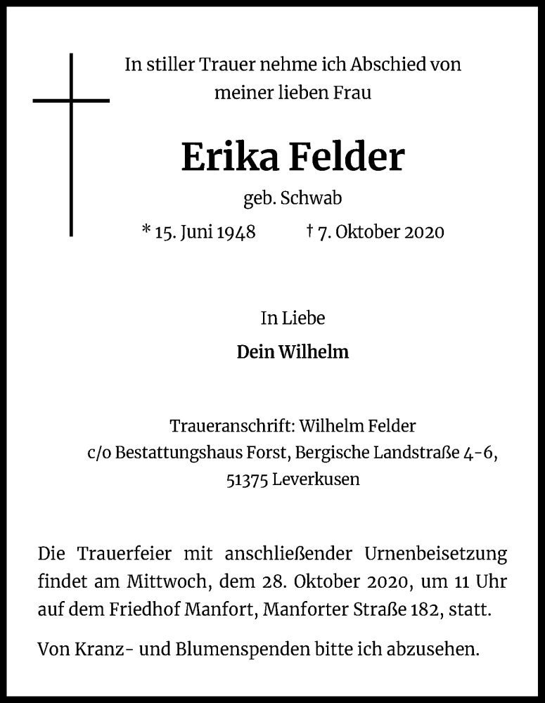  Traueranzeige für Erika Felder vom 17.10.2020 aus Kölner Stadt-Anzeiger / Kölnische Rundschau / Express