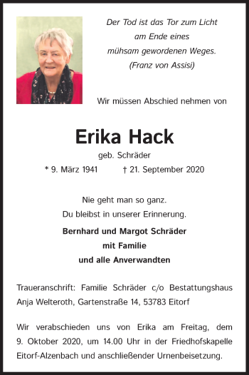 Anzeige von Erika Hack von Kölner Stadt-Anzeiger / Kölnische Rundschau / Express