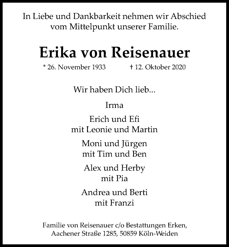  Traueranzeige für Erika von Reisenauer vom 17.10.2020 aus Kölner Stadt-Anzeiger / Kölnische Rundschau / Express
