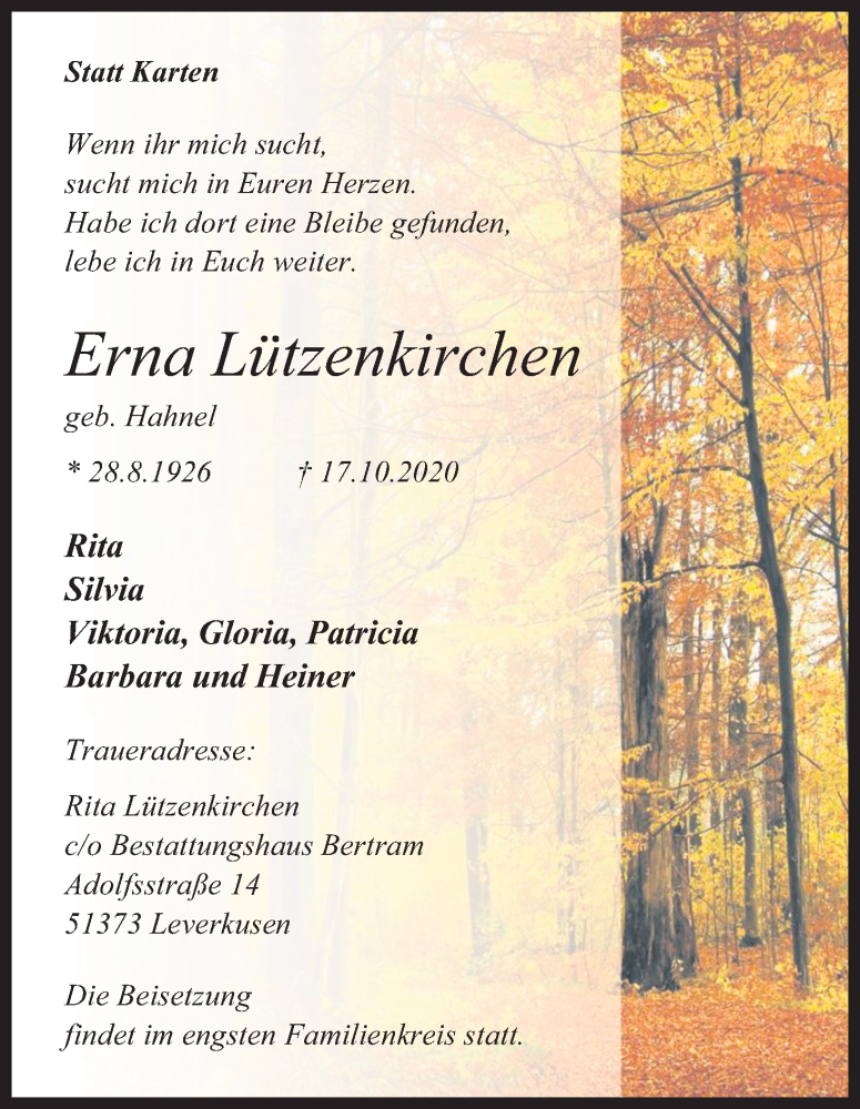 Traueranzeige für Erna Lützenkirchen vom 24.10.2020 aus Kölner Stadt-Anzeiger / Kölnische Rundschau / Express