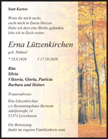 Anzeige von Erna Lützenkirchen von Kölner Stadt-Anzeiger / Kölnische Rundschau / Express