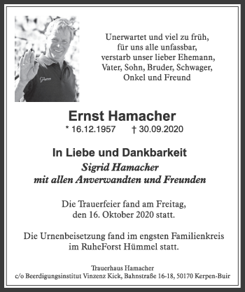 Anzeige von Ernst Hamacher von  Werbepost 