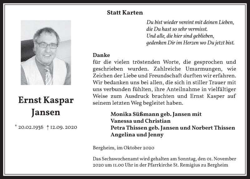  Traueranzeige für Ernst Kaspar Jansen vom 23.10.2020 aus  Werbepost 