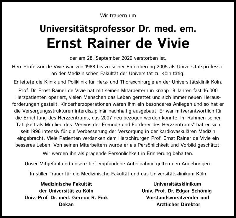  Traueranzeige für Ernst Rainer de Vivie vom 31.10.2020 aus Kölner Stadt-Anzeiger / Kölnische Rundschau / Express