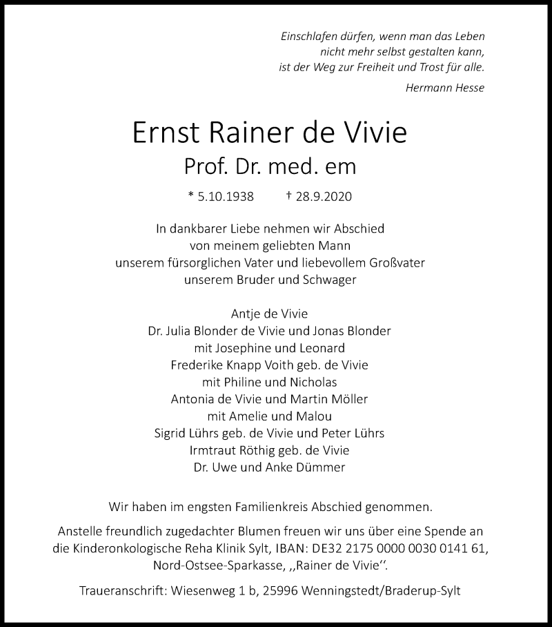  Traueranzeige für Ernst Rainer de Vivie vom 17.10.2020 aus Kölner Stadt-Anzeiger / Kölnische Rundschau / Express