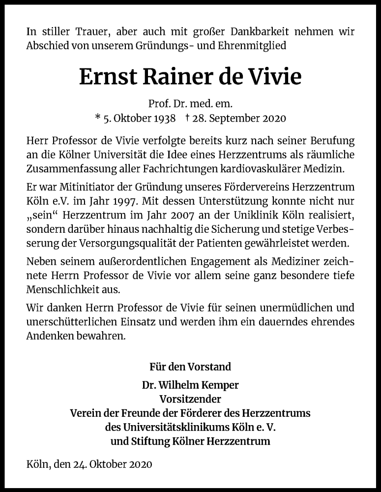  Traueranzeige für Ernst Rainer de Vivie vom 24.10.2020 aus Kölner Stadt-Anzeiger / Kölnische Rundschau / Express