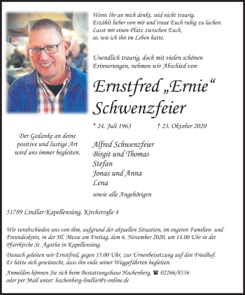 Anzeige von Ernstfred Schwenzfeier von Kölner Stadt-Anzeiger / Kölnische Rundschau / Express
