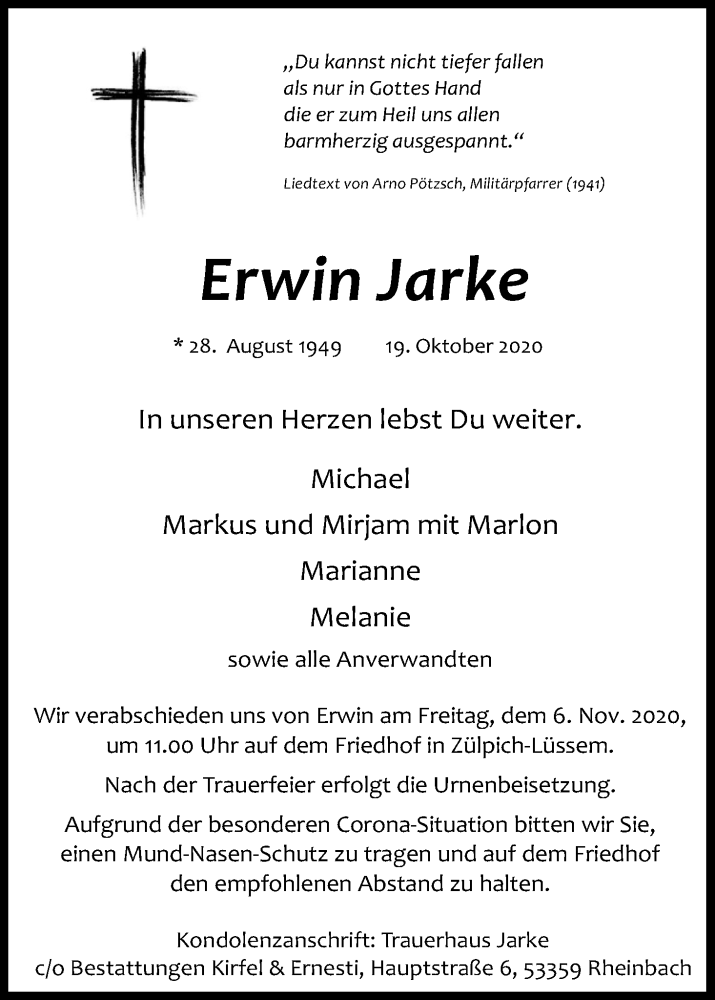  Traueranzeige für Erwin Jarke vom 31.10.2020 aus Kölner Stadt-Anzeiger / Kölnische Rundschau / Express