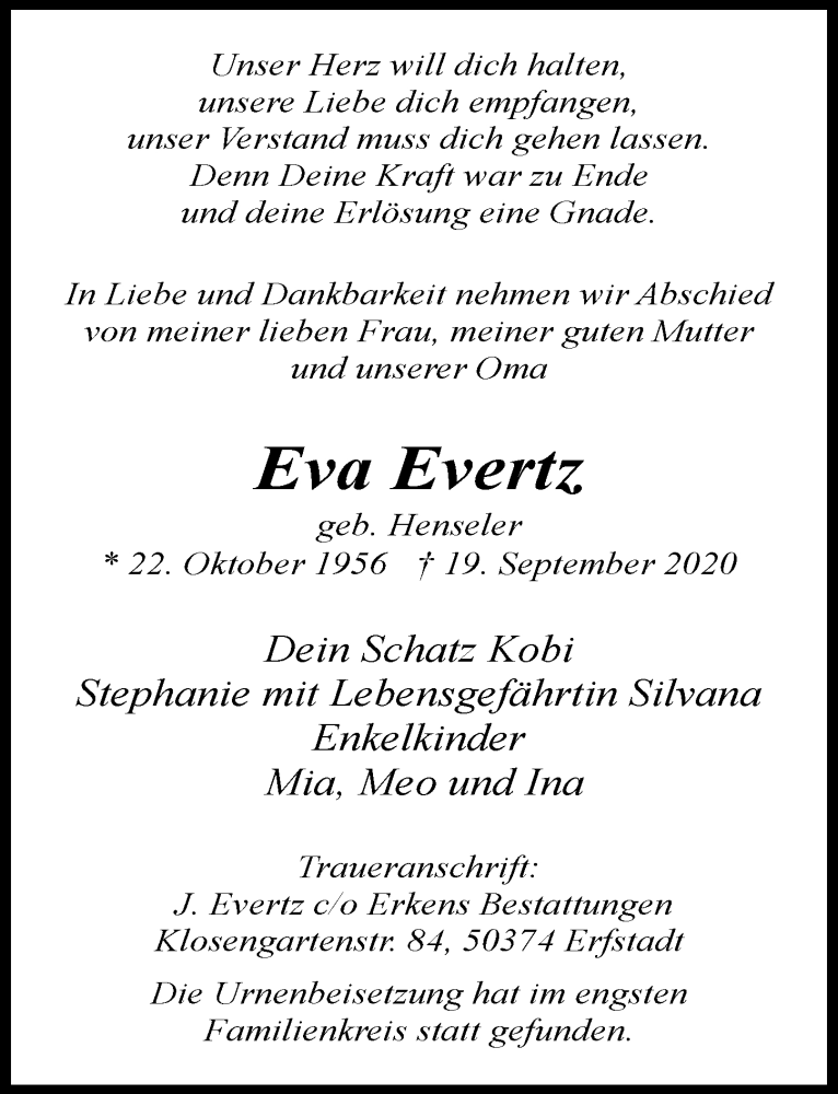  Traueranzeige für Eva Evertz vom 26.09.2020 aus  Blickpunkt Euskirchen 