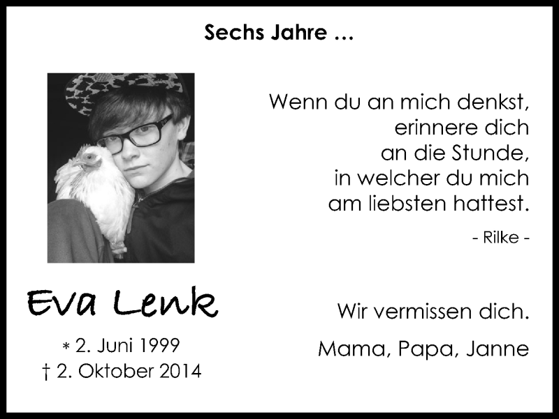  Traueranzeige für Eva Lenk vom 02.10.2020 aus Kölner Stadt-Anzeiger / Kölnische Rundschau / Express