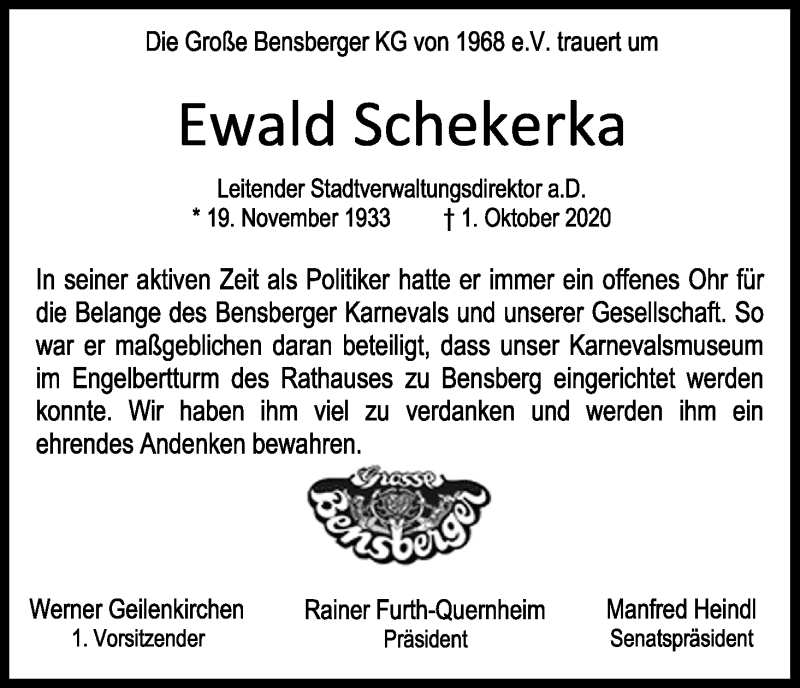  Traueranzeige für Ewald Schekerka vom 10.10.2020 aus Kölner Stadt-Anzeiger / Kölnische Rundschau / Express