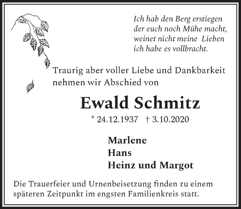  Traueranzeige für Ewald Schmitz vom 09.10.2020 aus  Schlossbote/Werbekurier 