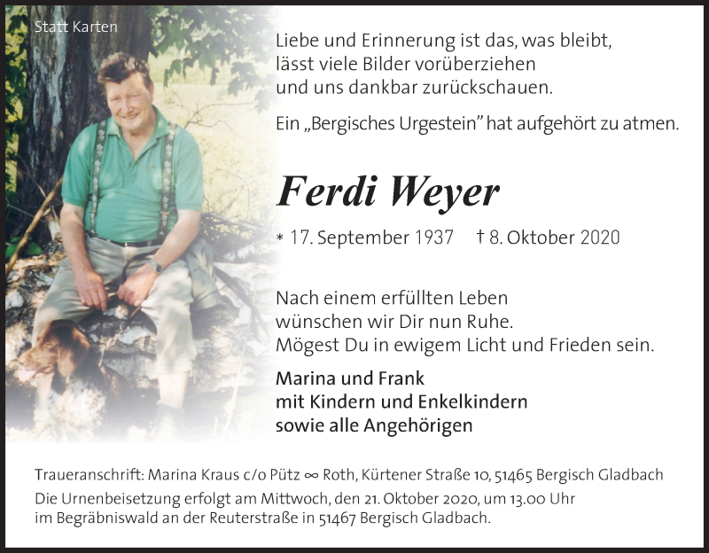  Traueranzeige für Ferdi Weyer vom 17.10.2020 aus Kölner Stadt-Anzeiger / Kölnische Rundschau / Express