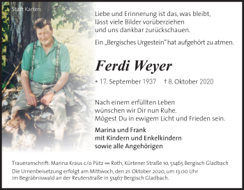 Anzeige von Ferdi Weyer von Kölner Stadt-Anzeiger / Kölnische Rundschau / Express