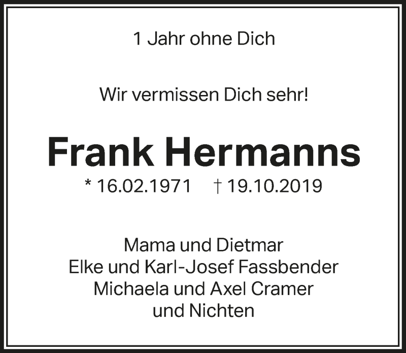 Traueranzeige für Frank Hermanns vom 23.10.2020 aus  Lokalanzeiger 