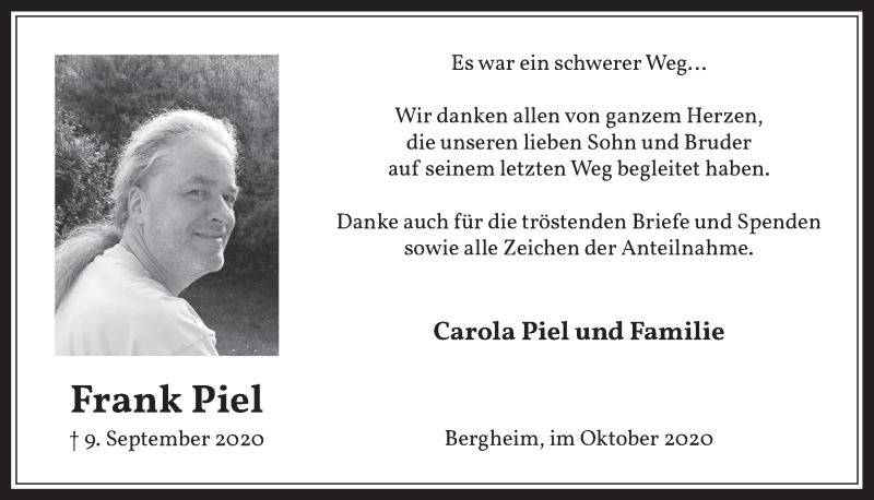  Traueranzeige für Frank Piel vom 30.10.2020 aus  Werbepost 