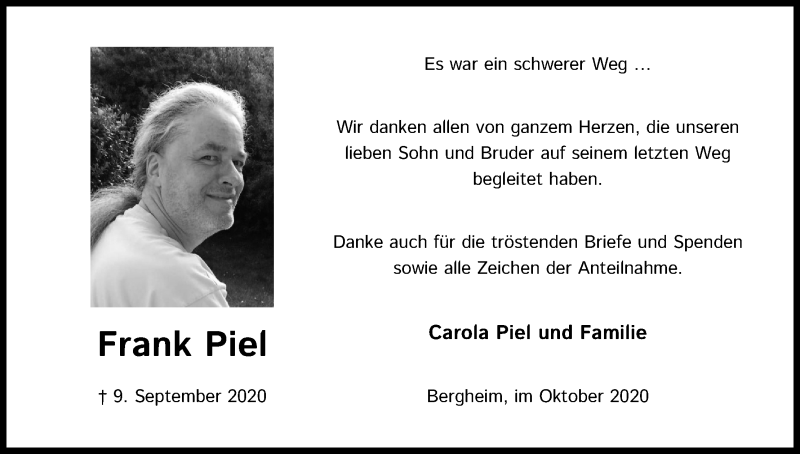  Traueranzeige für Frank Piel vom 31.10.2020 aus Kölner Stadt-Anzeiger / Kölnische Rundschau / Express