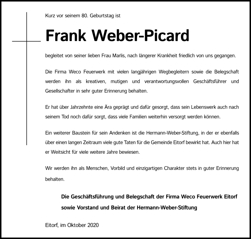  Traueranzeige für Frank Weber-Picard vom 17.10.2020 aus Kölner Stadt-Anzeiger / Kölnische Rundschau / Express