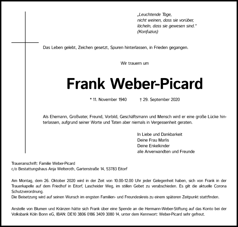  Traueranzeige für Frank Weber-Picard vom 17.10.2020 aus Kölner Stadt-Anzeiger / Kölnische Rundschau / Express