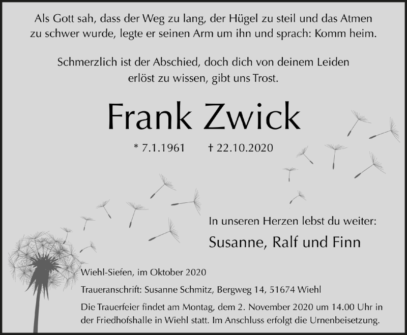  Traueranzeige für Frank Zwick vom 30.10.2020 aus  Anzeigen Echo 