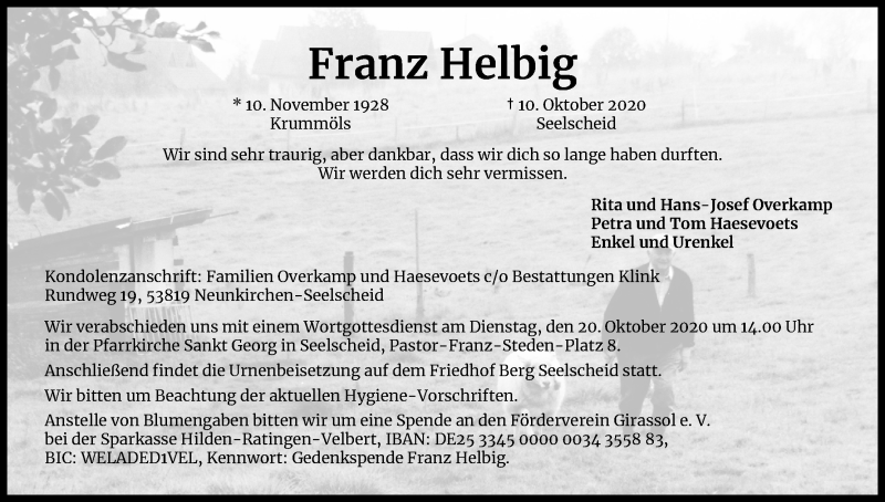  Traueranzeige für Franz Helbig vom 17.10.2020 aus Kölner Stadt-Anzeiger / Kölnische Rundschau / Express