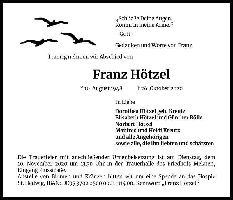  Traueranzeige für Franz Hötzel vom 31.10.2020 aus Kölner Stadt-Anzeiger / Kölnische Rundschau / Express