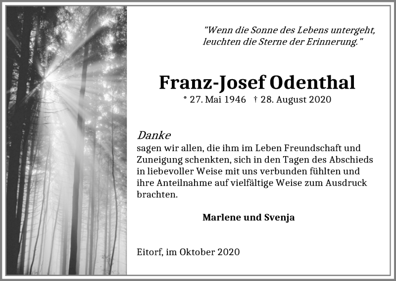  Traueranzeige für Franz-Josef Odenthal vom 17.10.2020 aus Kölner Stadt-Anzeiger / Kölnische Rundschau / Express