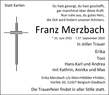 Anzeige von Franz Merzbach von  Bergisches Handelsblatt 