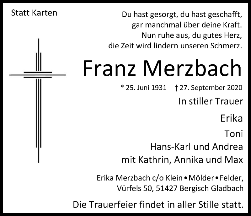  Traueranzeige für Franz Merzbach vom 10.10.2020 aus Kölner Stadt-Anzeiger / Kölnische Rundschau / Express