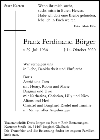 Anzeige von Franz Ferdinand Börger von Kölner Stadt-Anzeiger / Kölnische Rundschau / Express