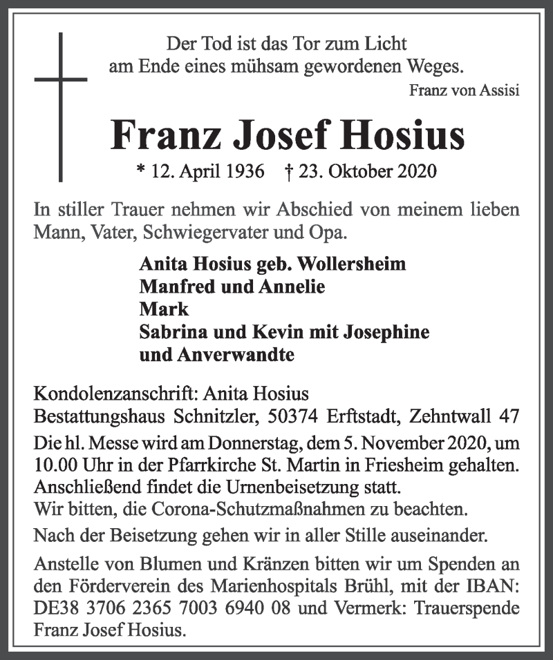  Traueranzeige für Franz Josef Hosius vom 30.10.2020 aus  Werbepost 