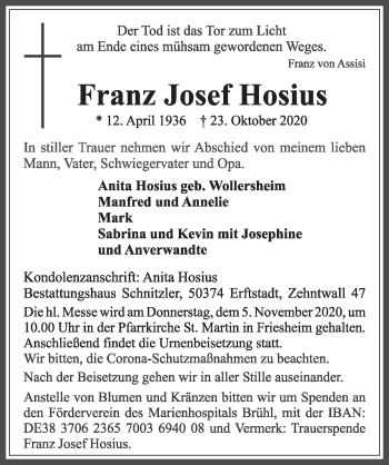 Anzeige von Franz Josef Hosius von  Werbepost 