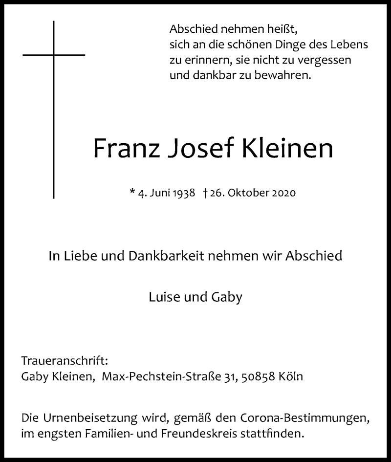  Traueranzeige für Franz Josef Kleinen vom 31.10.2020 aus Kölner Stadt-Anzeiger / Kölnische Rundschau / Express
